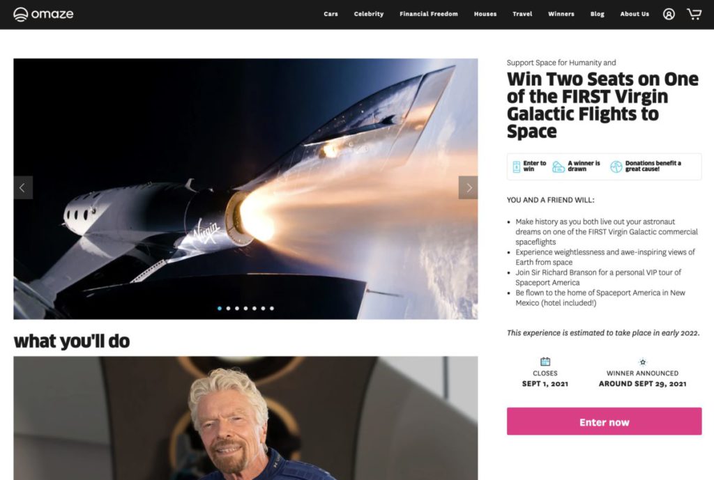 Virgin Galactic 與名人慈善網站 OMAZE 合作為 Space for Humanity 籌款，送出兩張太空飛機機票。