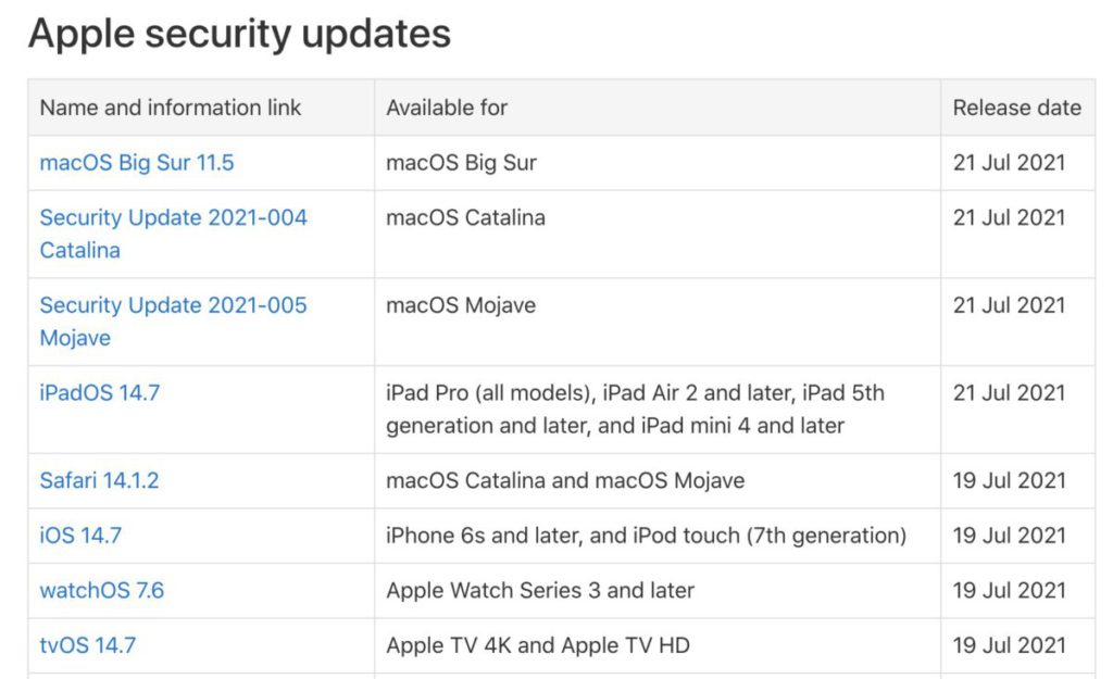 Apple 正式公布 iOS/iPadOS 14.7 等多款 OS 更新的保安更新細節。