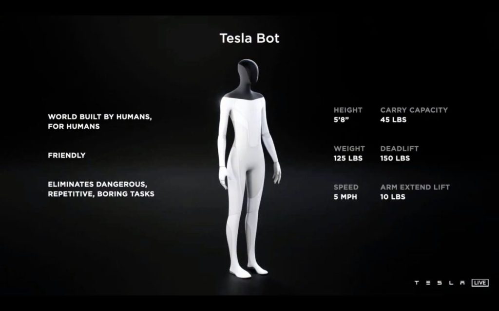 Tesla Bot 身高 172.72 公分，體重 56.7 公斤，可攜帶 20 公斤物件以時速 8.05 公里步行。