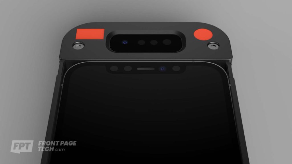 新 Face ID 鏡頭模組原型以手機殼方式嵌在 iPhone 12 上進行測試。（來源：FrontPageTech.com ）