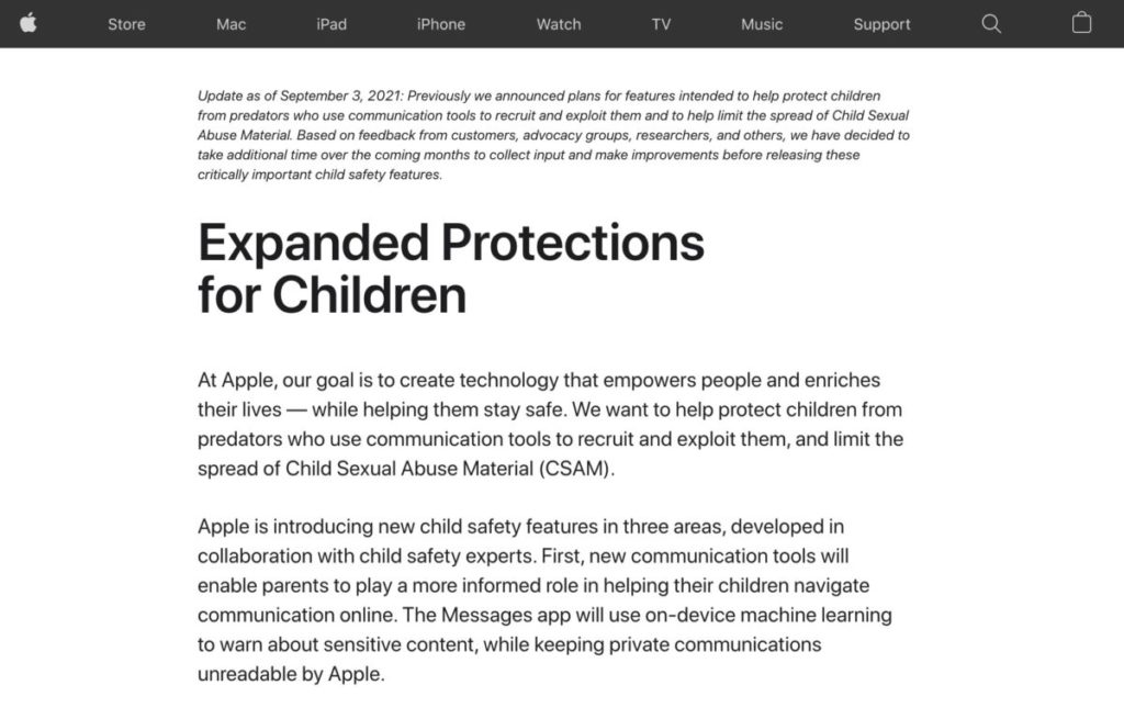 Apple 上周末宣布押後推出保護兒童功能。
