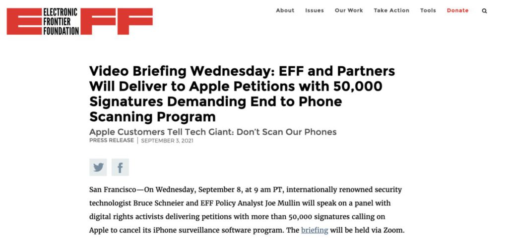電子前線基金會發起聯署公開信運動，迫使 Apple 押後推出有關功能。