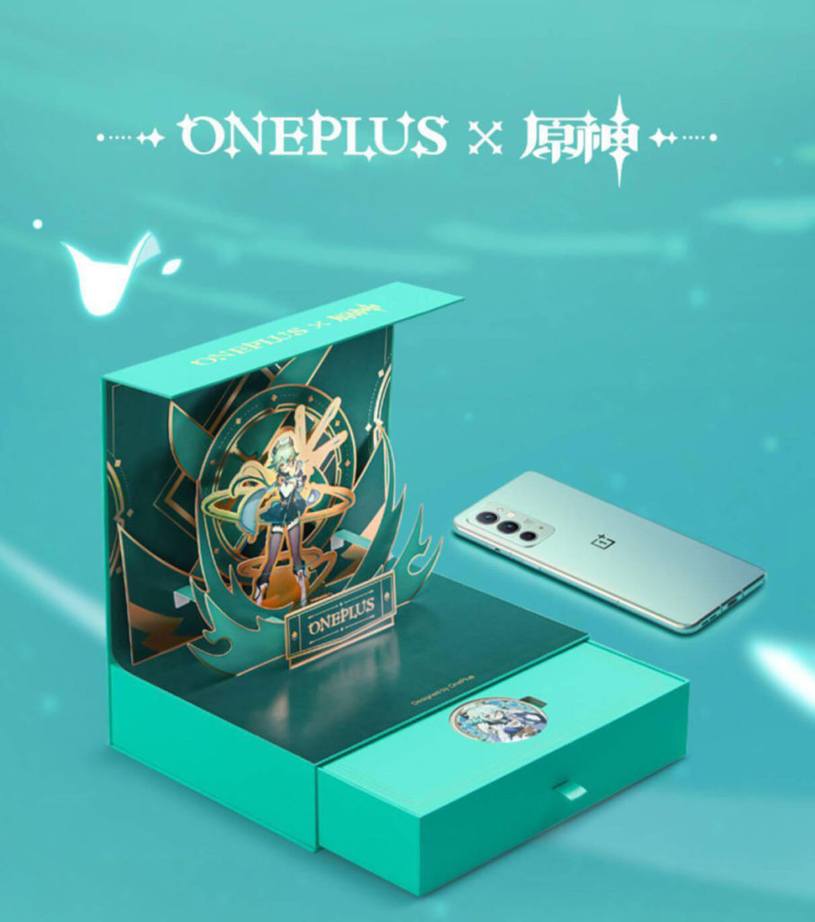 OnePlus 9RT原神限定禮盒採用《原神》遊戲角色「砂糖」為主題，配合手機「青空結界」淡綠色設計。