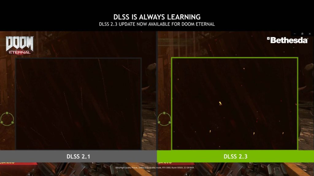 針對 DLSS 2.1 在 《 Doom Eternal 》 有機會減少光點的問題， DLSS 2.3 已作出有效解決。