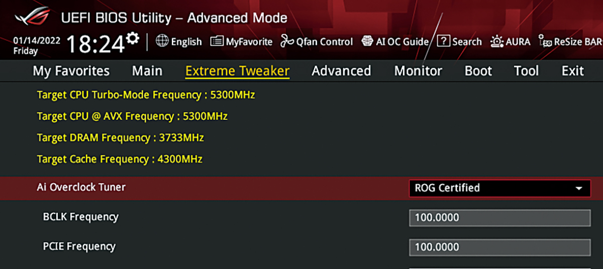 ROG MAXIMUS XIII HERO 可選取「ROG Certified」Ai Overclock Tuner，並顯示為「Target DRAM Frequency︰3733MHz」。