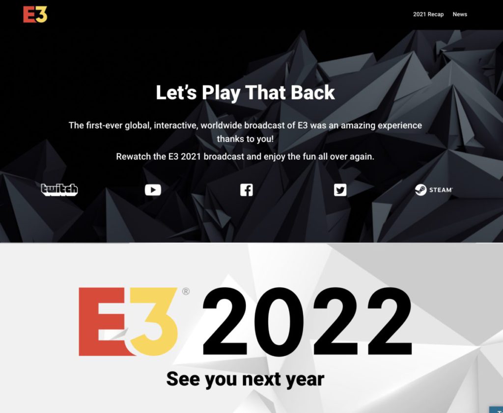 現在 E3 網站只保留 2021 年網上展的回顧連結，和訂閱 E3 2022 電子報的表格。