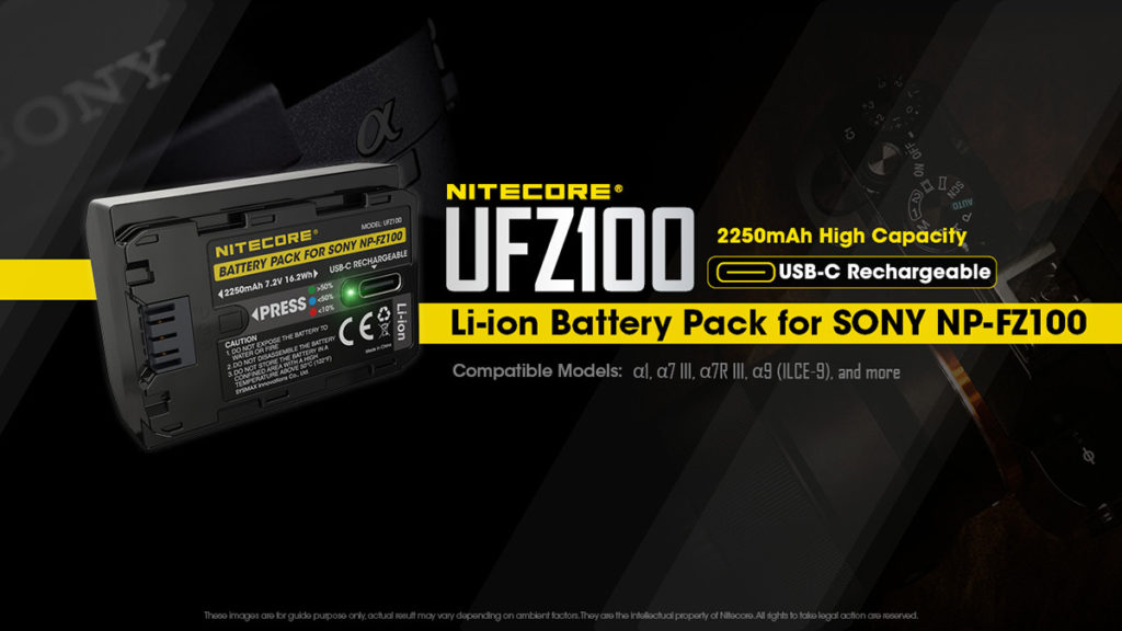 Nitecore UFZ100 電池背面備有一個USB-C介面，可直 接用USB-C線充電。