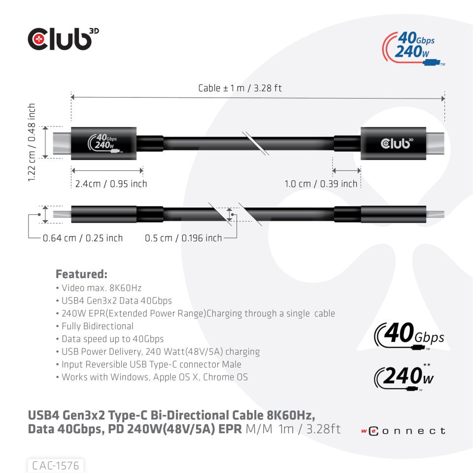 廠方表示這條 1 公尺長 240W USB 4 Gen3x2 線粗幼與現時 100W 傳輸線差不多，也是 0.5cm 粗。