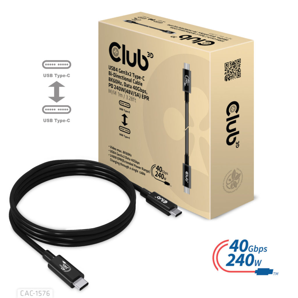 德國廠商 Club3D 公布支援 240W USB EPR 供電的線材。