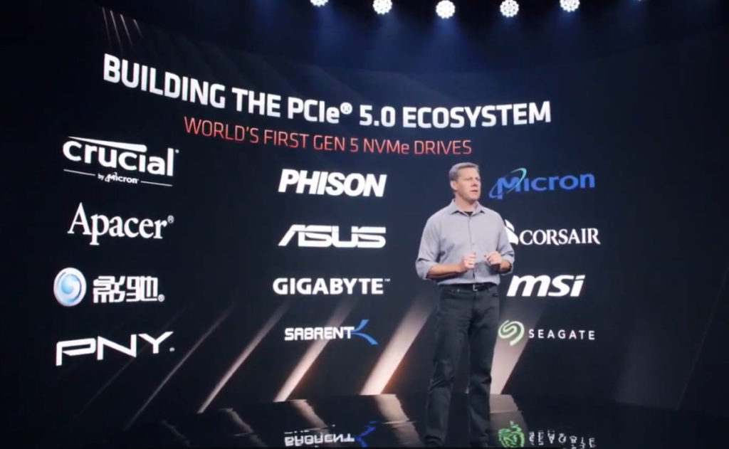 AMD 表示 PCI-E 5.0 應用將最先用於 NVMe SSD，並表示 Crucial 及 Micron 會最先推出 Gen5 NVMe SSD，隨後有 Gigabyte 、 MSI 及 Corsair。