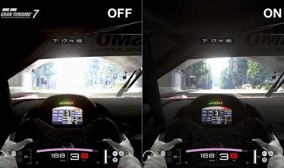 開啟自動 HDR 色調映射 (Auto HDR Tone Mapping)（右）之後，明顯可見賽道上更多細節。