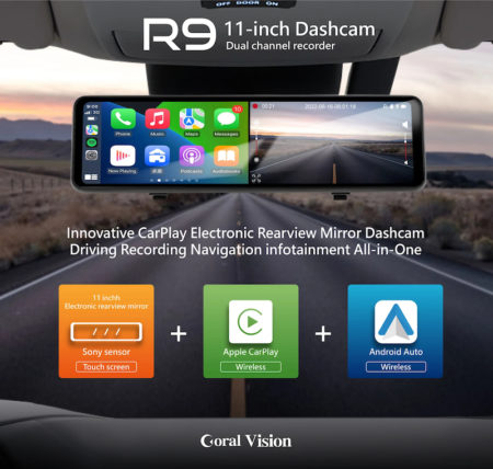 R9 後鏡同時支援 Apple CarPlay 和 Android Auto ，並支援語音指令。