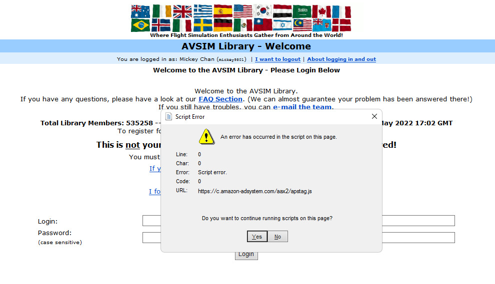 註冊和登入 AVSIM 時遇上腳本問題提示時，按 Yes 跳過就可以。