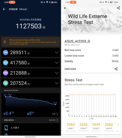 AnTuTu 得分超過 110 萬，Wild Life Extreme Stress Test 亦有極高穩定性，足可見 MTK Dimensity 9000+ 的實力。