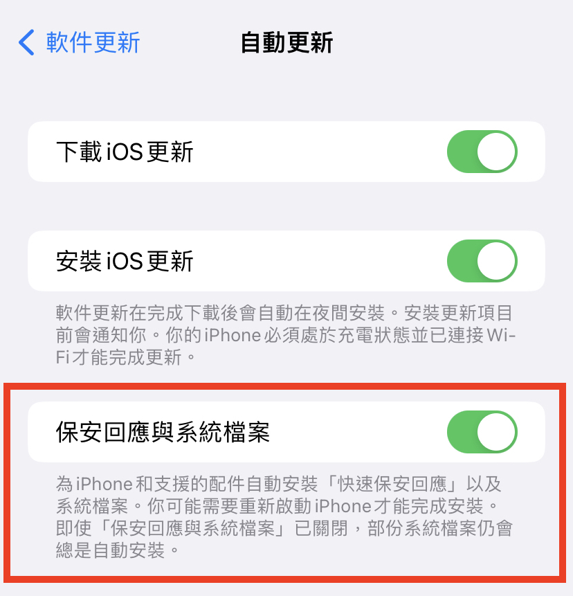 iOS 16 已預設開啟了「快速保安回應」的自動更新功能。