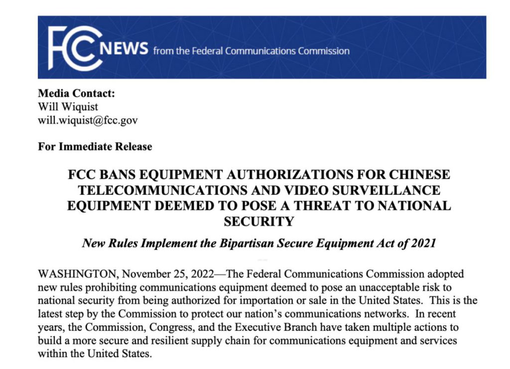 FCC 頒布新規例，正式禁止華為和中興通訊等 5 間中國企業所生產的通信和保安監控設備，入口美國或在美國銷售。