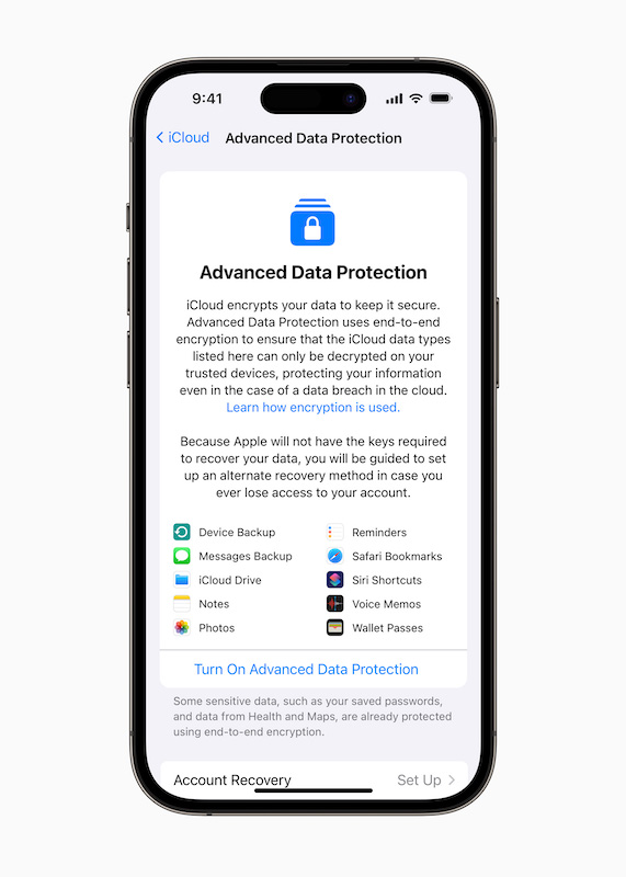 Advanced Data Protection for iCloud 擴大雲端儲存資料的加密保護範圍。