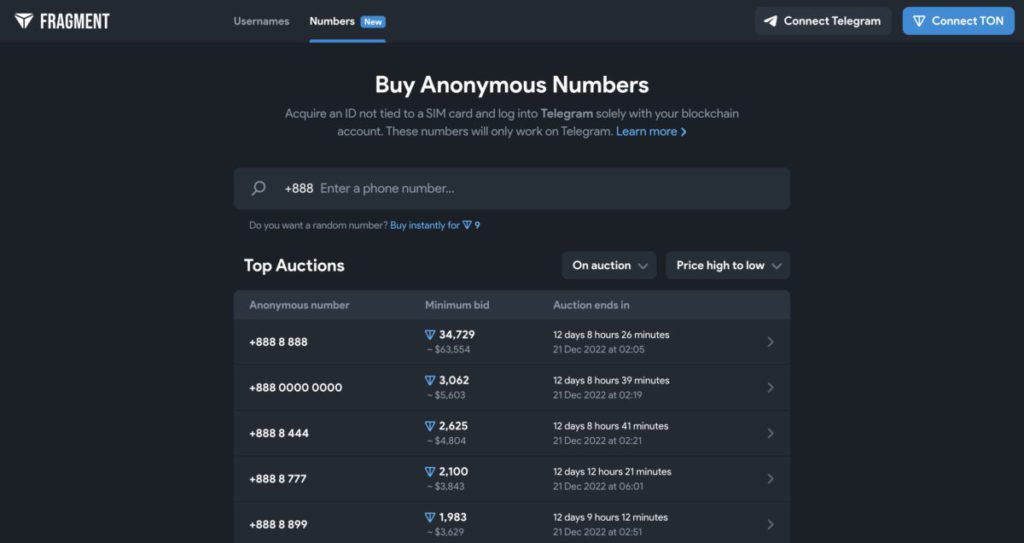 匿名電話號碼是在 Telegram 創辦人 Pavel Durov 所開設的加密貨幣拍賣網站 Fragment 發售。