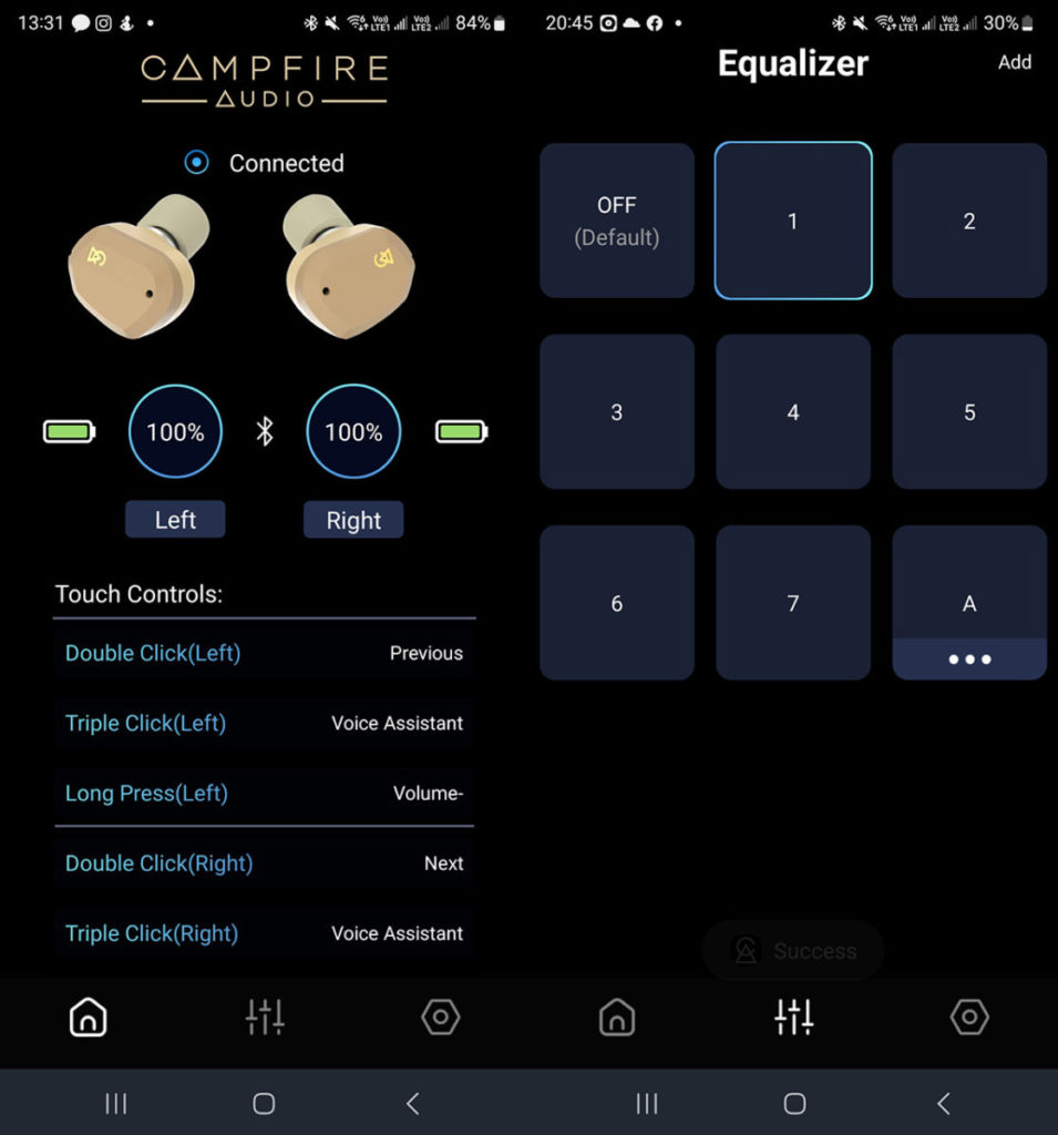 《Campfire Audio》內可了解耳機不同的操作方式，亦可選擇六個不同EQ設定。