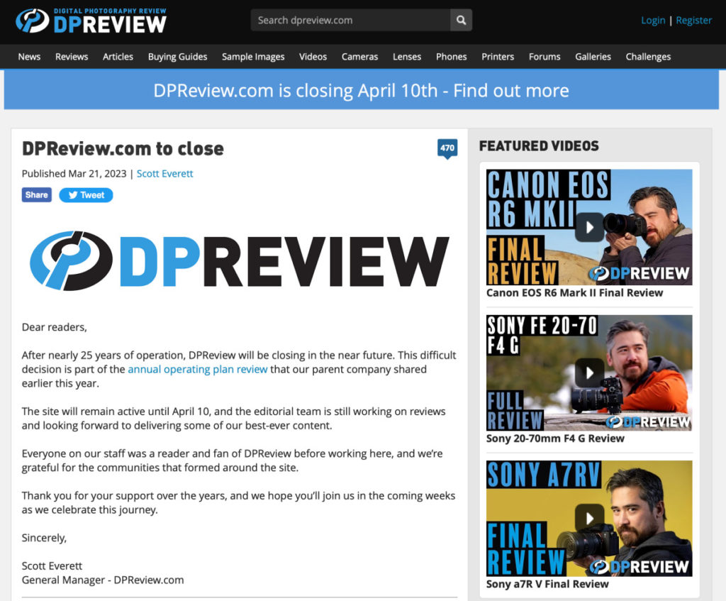 DPREVIEW.com 總經理 Scoot Everett 宣佈網站在 4 月 10 日起停運。