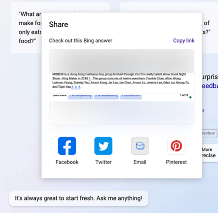 對比 Google Bard 只可直接複製回答， Bing Chat 則可透過 Share 按鈕分享回應至 Facebook、Twitter、Pinterest或 Email 出去，暫時使用上比較方便。