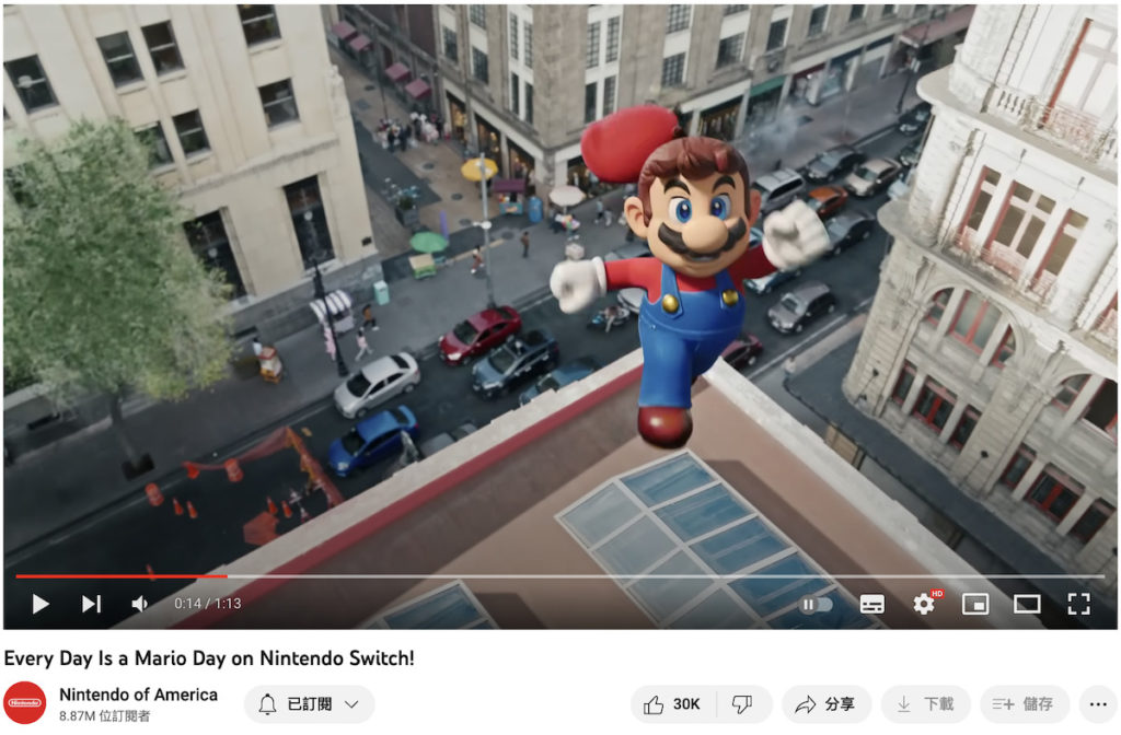 美國 Nintendo 官方 YouTube 頻道釋出一段廣告短片，話「Every Day Is a Mario Day」喎…