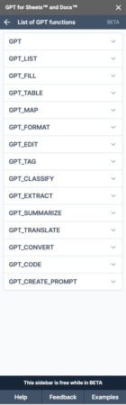 在試算表方面，《GPT for Sheets and Docs》提供 15 種應用到生成式 AI 功能的函數。