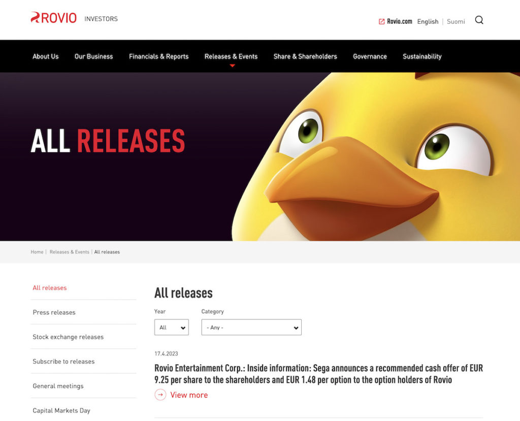 Rovio 也於同日於官網發放收購消息。