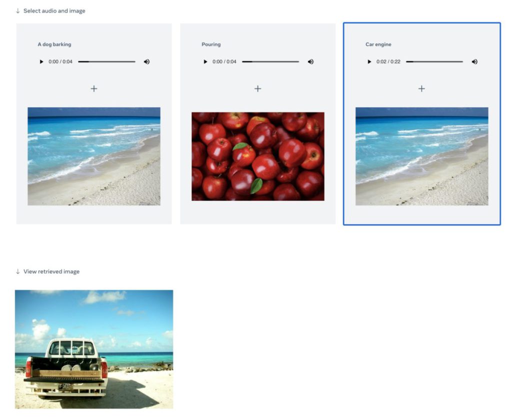 在示範網站中，提供汽車引擎聲和海灘照片，即可生成汽車泊在沙灘的照片。