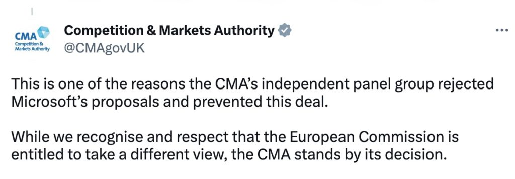 英國 CMA 雖然表示承認和尊重歐盟委員會有權採取不同的觀點，但同時堅持自己的決定。
