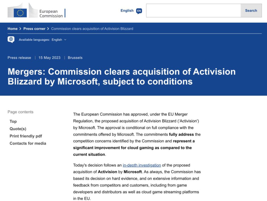 歐盟在 Microsoft 承諾自動向競爭的雲端遊戲服務供應商授權 Activision Blizzard 的流行遊戲後批准收購。