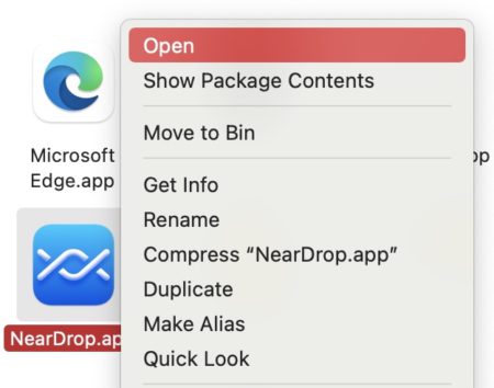 2. 右擊 NearDrop.app，選擇「Open」；