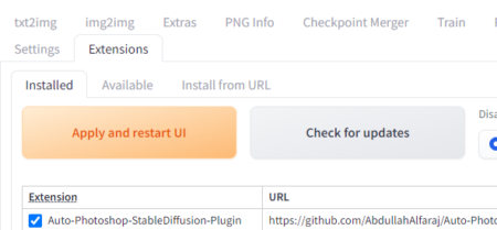 安裝完成後應該在「Installed」分頁按「Apply and restart UI」重新啟動 WebUI，以確定擴充功能生效。