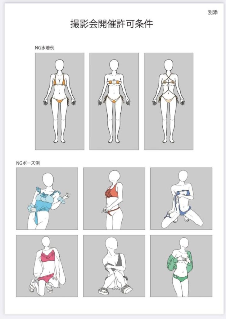 攝影會臨時守則中的插圖，列出了一些不能穿的泳衣和不能擺的姿勢範例。
