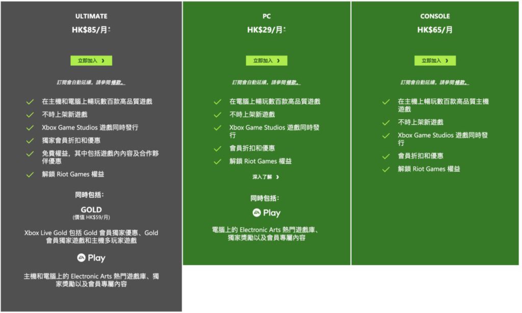現時香港的 Xbox Game Pass 訂閱計劃。不過香港沒有雲端遊戲。