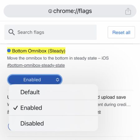在穩定版 Chrome 進入旗標頁面，開啟「Bottom Omnibox (Steady)」並重啟後即可試用地址列置底。