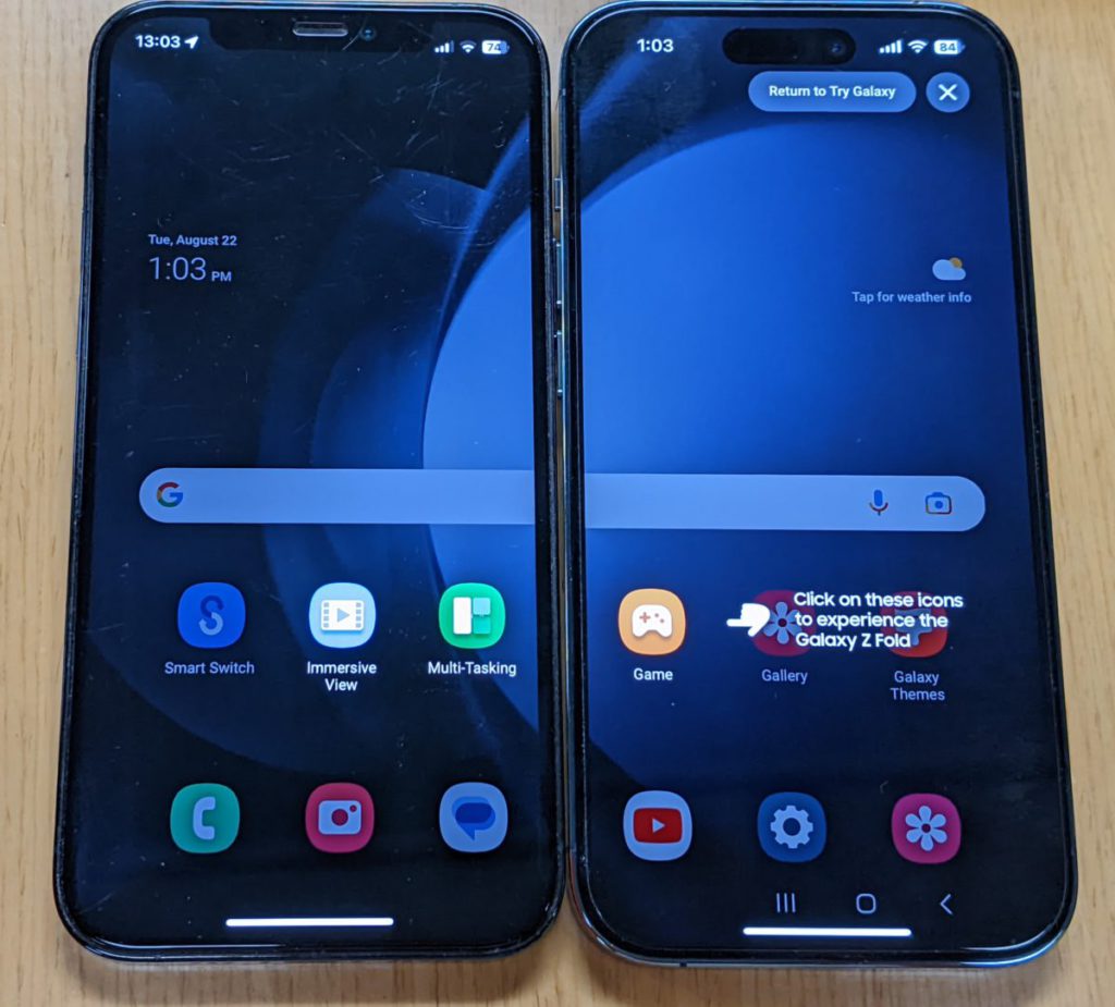 使用 Fold Experience 將兩部 iPhone 化為 Galaxy Z Fold5，有三種闊屏幕使用體驗。
