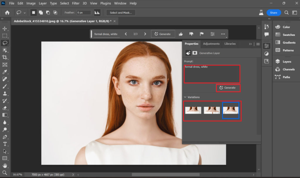 STEP 3. 例如輸入「Formal dress, white」, 點擊 Generate （生成）後，Photoshop 便於幾秒後生成三張不同的圖像以供選擇。