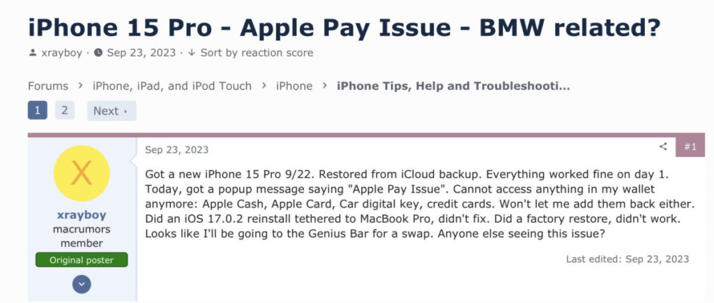 Mac Rumors 討論區上有讀者提出 BMW 車上使用無線充電後，iPhone 15 Pro 無法使用 Apple Pay。