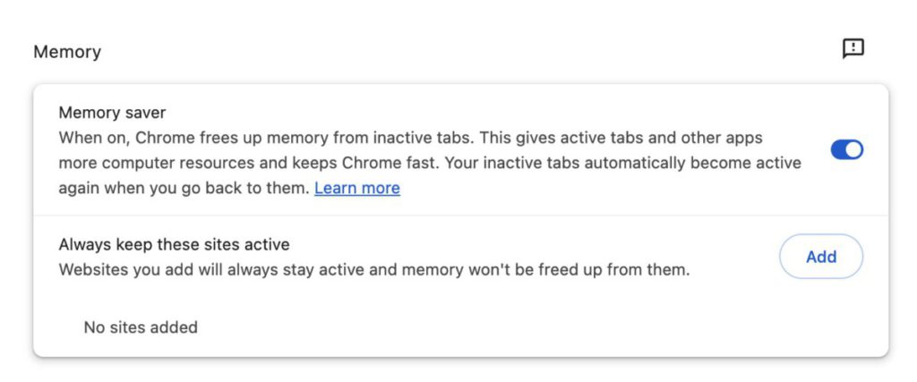 節省記憶體模式可以釋放不活躍分頁的記憶體。