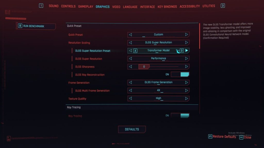 測試版《Cyberpunk 2077》的DLSS 4 設定
