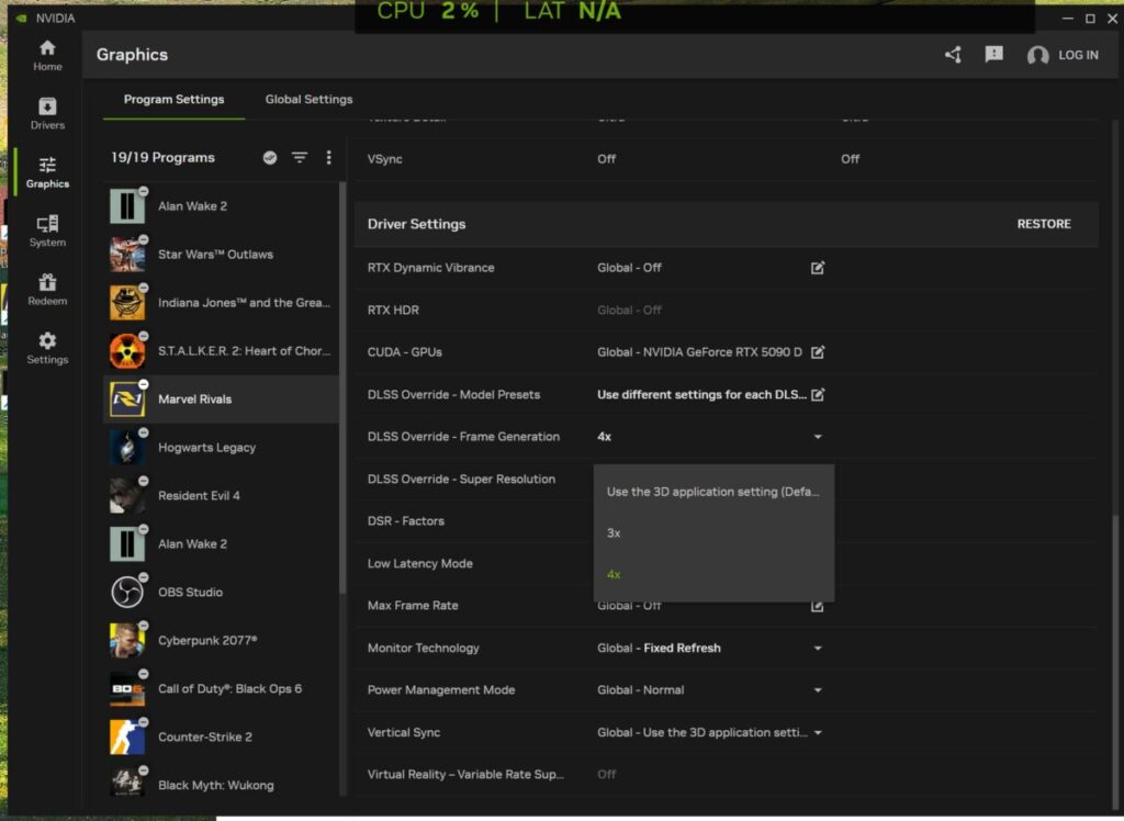 《NVIDIA App》將會為遊戲加入DLSS 3覆寫功能,可將多數 DLSS 3 的遊戲強制升級DLSS 4使用多重影格生成