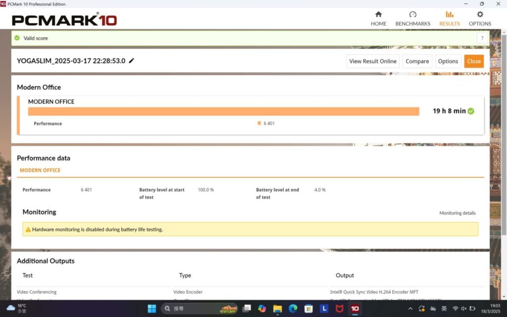 《PCMark10》Modern Office電池測試中, 得出逾19小時使用時間