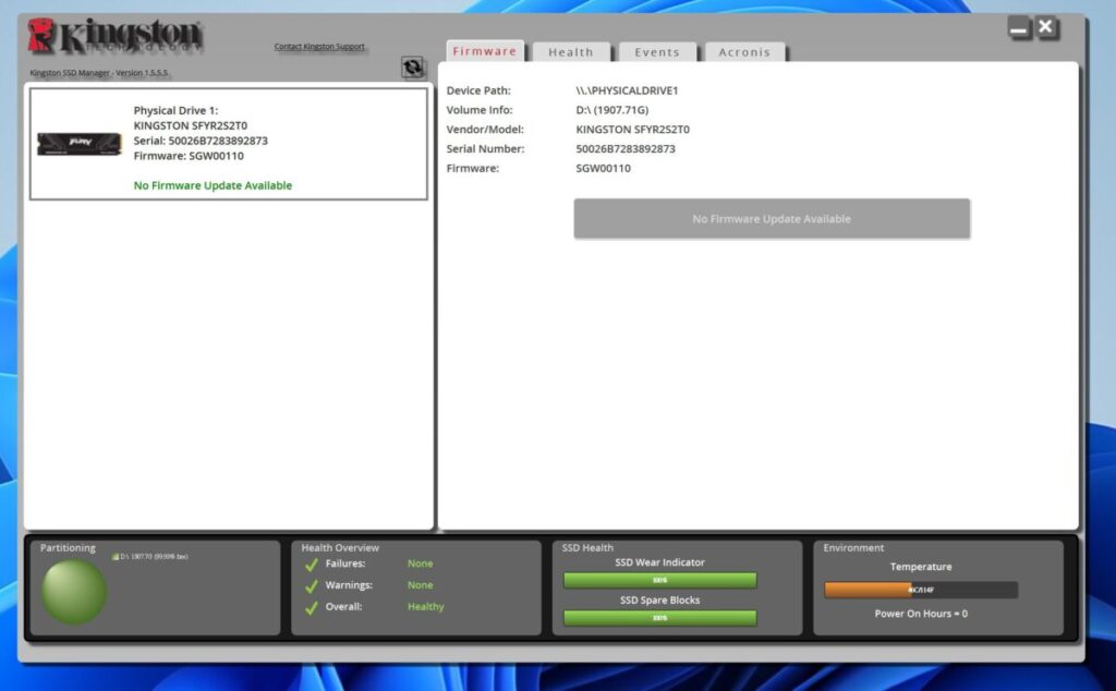 《Kingston SSD Manager》工具可用作 Firmware 升級及健康度檢查。