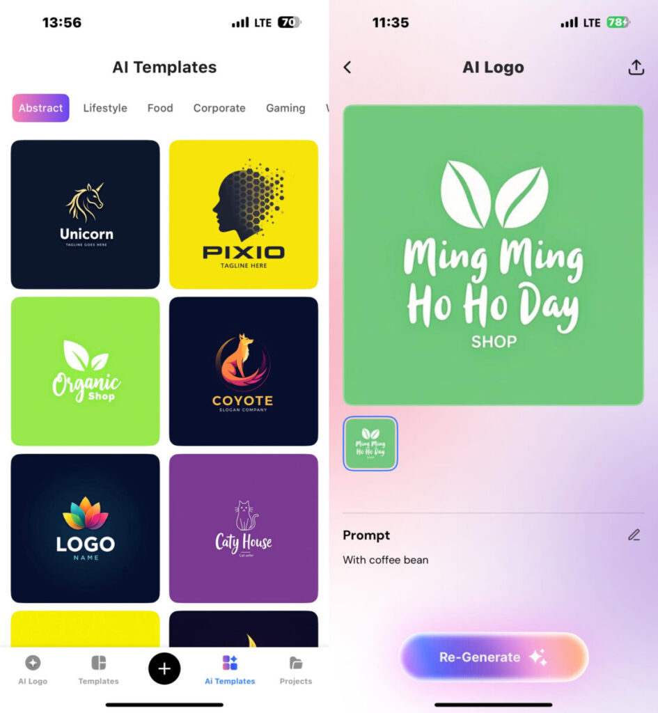 AI Templates 的選項,會有包括 Abstract、Lifestyle、Food、Corporate 及 Gaming 等不同類別、風格的 Logo 式樣,可讓用家作為草案去進行生成。