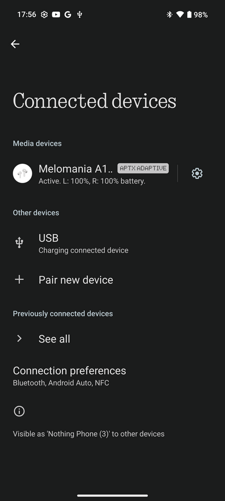 Nothing Phone (3) 偏偏不支援 LDAC，僅支援 aptX Adaptive，感覺跟旗下的耳機產品有點不同步⋯⋯