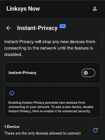 Instant-Privacy 停止新裝置連接 Wi-Fi 網絡。