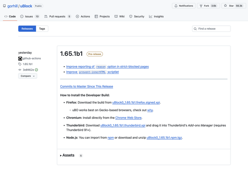 Step 3：於網址列輸入：https://github.com/gorhill/uBlock/releases，點選 uBlock 最新的 v1.65.1b1 版本。