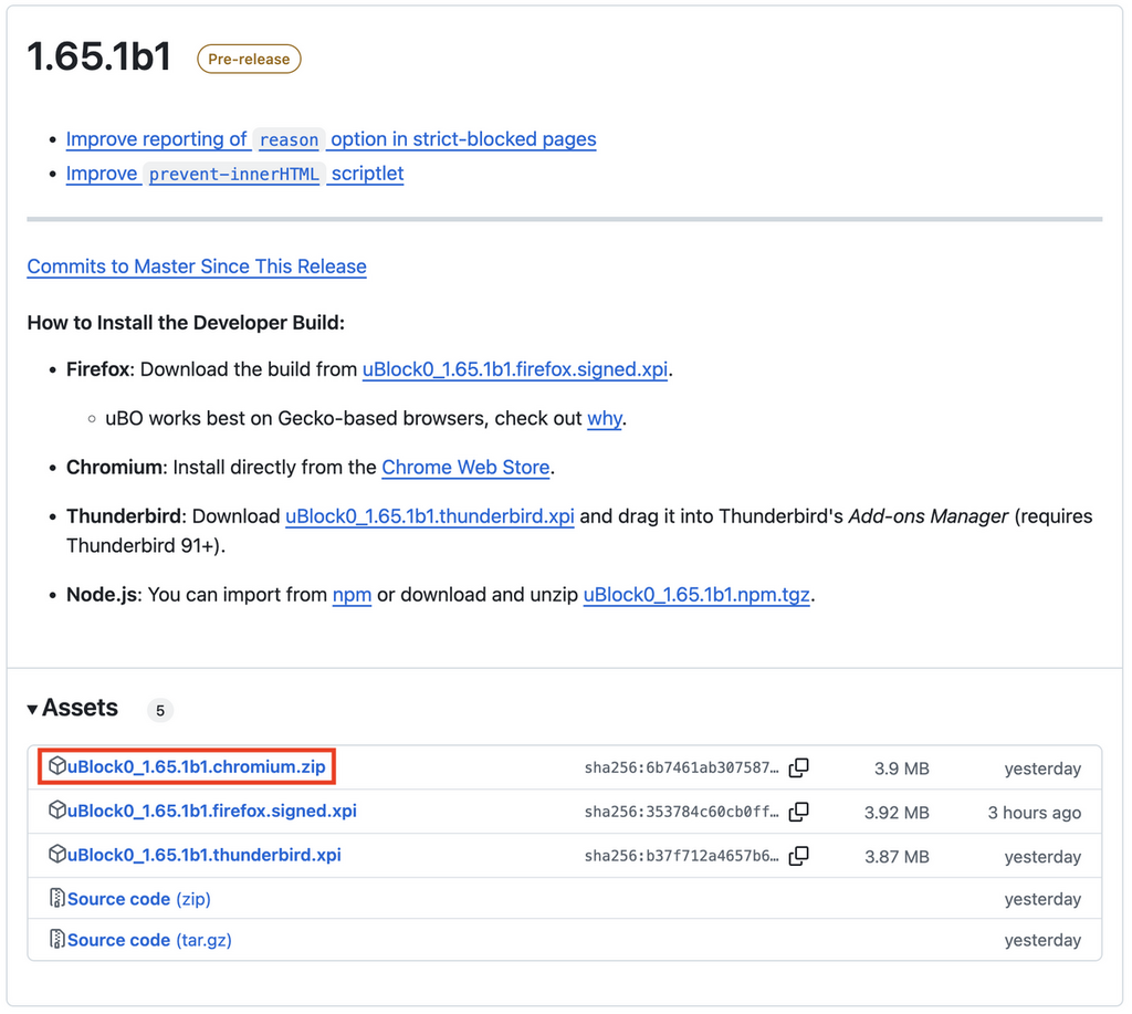 Step 4：於 Assets 中找出「uBlock0_1.65.1b1.chromium.zip」檔，然後下載及解壓縮，解壓之後將要將文件夾改名為 uBlock，並於硬碟內找個適當地方存放並一直保留，以便開啟 Chrome 時能讀取。