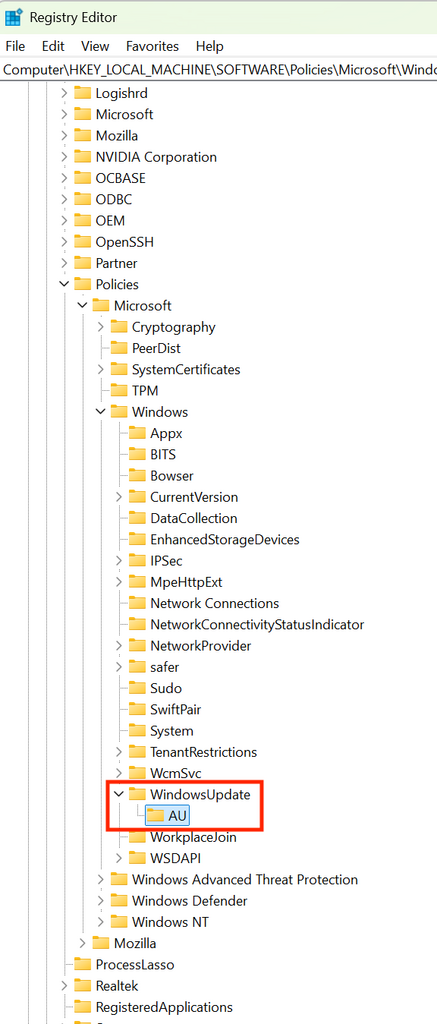 在「HKEY_LOCAL_MACHINE\SOFTWARE\Policies\Microsoft\Windows」建立「WindowsUpdate\AU」鍵
